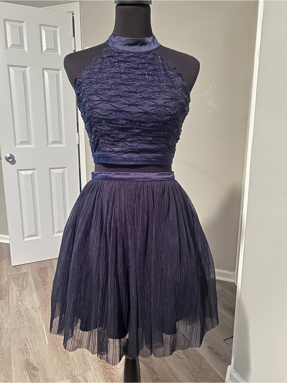 Trixxi Navy Blue Two Piece Prom Dress Set Glitter Mesh Crop Top Skater Skirt
